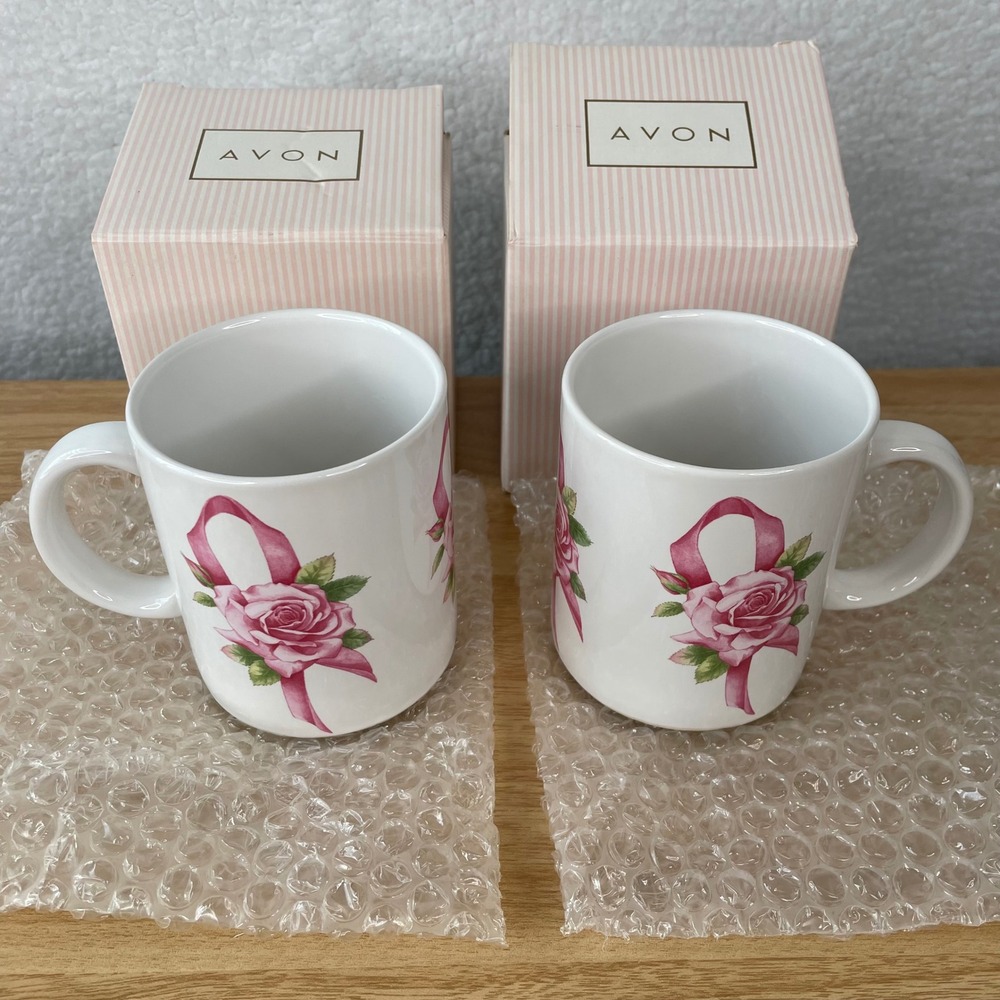 Avon Pink Ribbon Breast Cancer Awareness Rose Coffee Mug Set of 2 New in Box